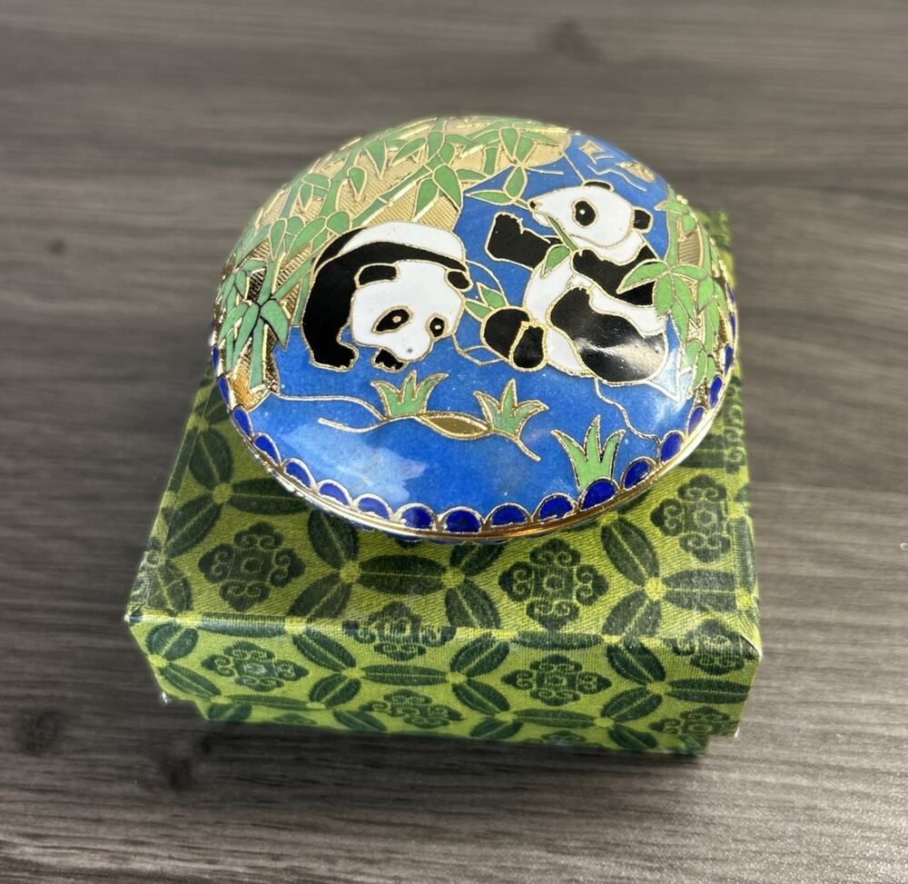 Panda Cloisonne Enamel Trinket Box Bamboo Gold Tone China w/ Box Vintage